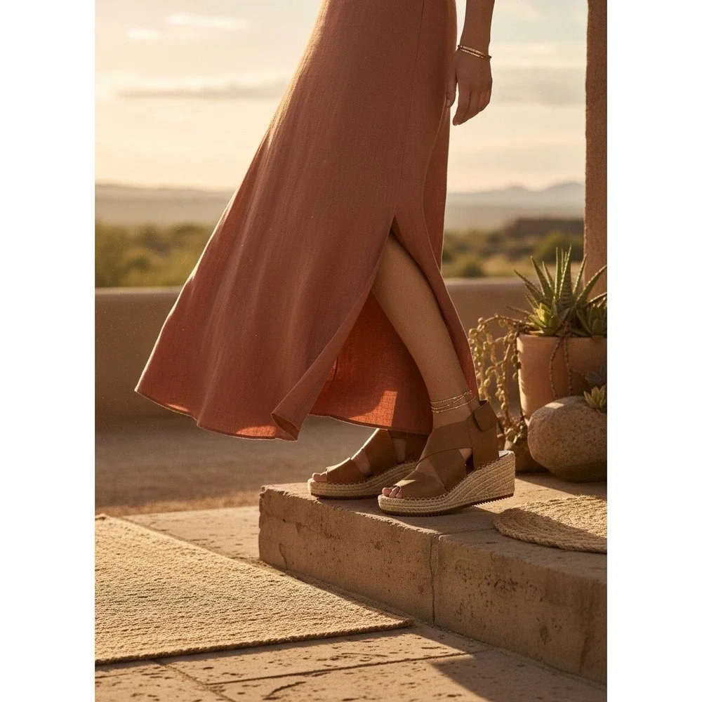 Eileen Fisher Willow Espadrille Wedge Sandal Tan Tumbled Leather Womens‎ 7.5